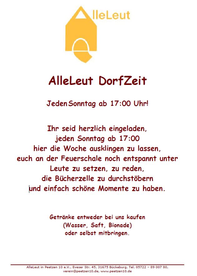 Dorfzeit jeden Sonntag ab 17 Uhr im AlleLeut in Petzen